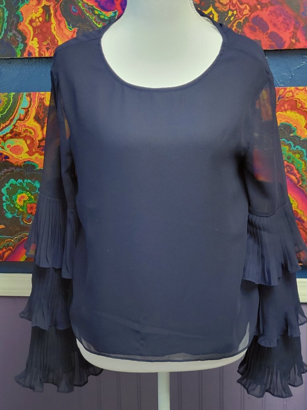 ~ Size X Small ~ See Through Sleeve ~ Huge 3 Tiered Bell Sleeve ~ Round Neck ~